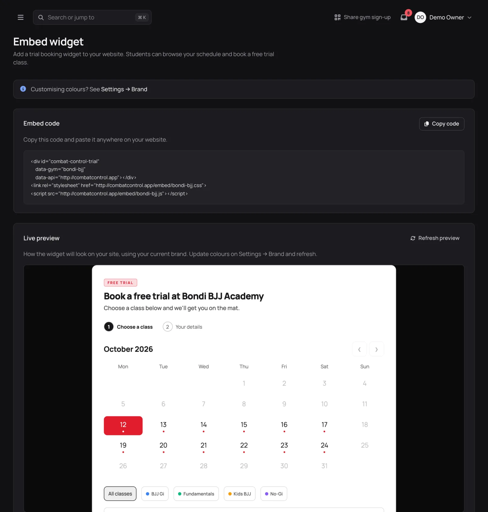 Embeddable trial widget in Combat Control, shown for a demo academy.
