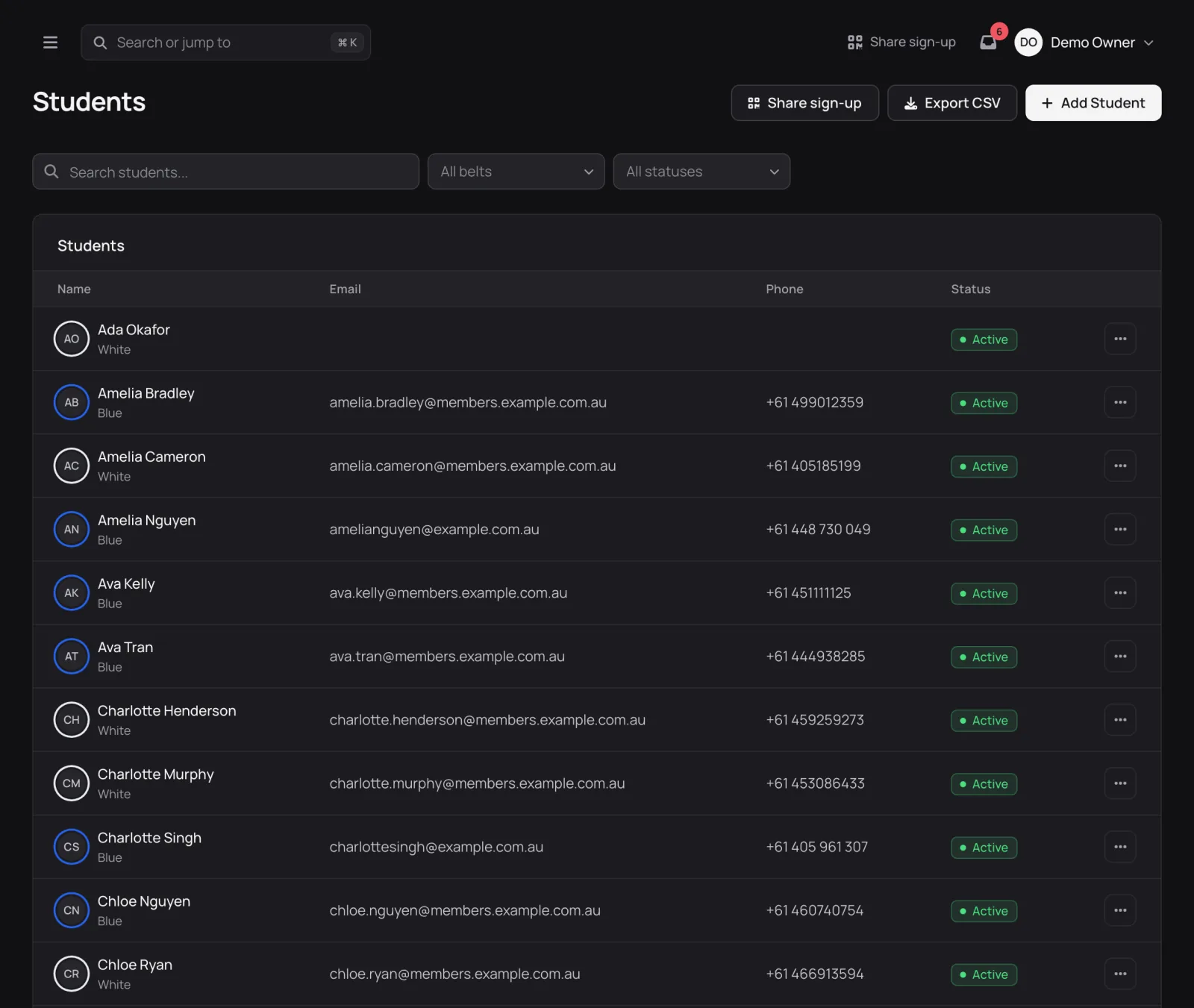 Data export in Combat Control, shown for a demo academy.