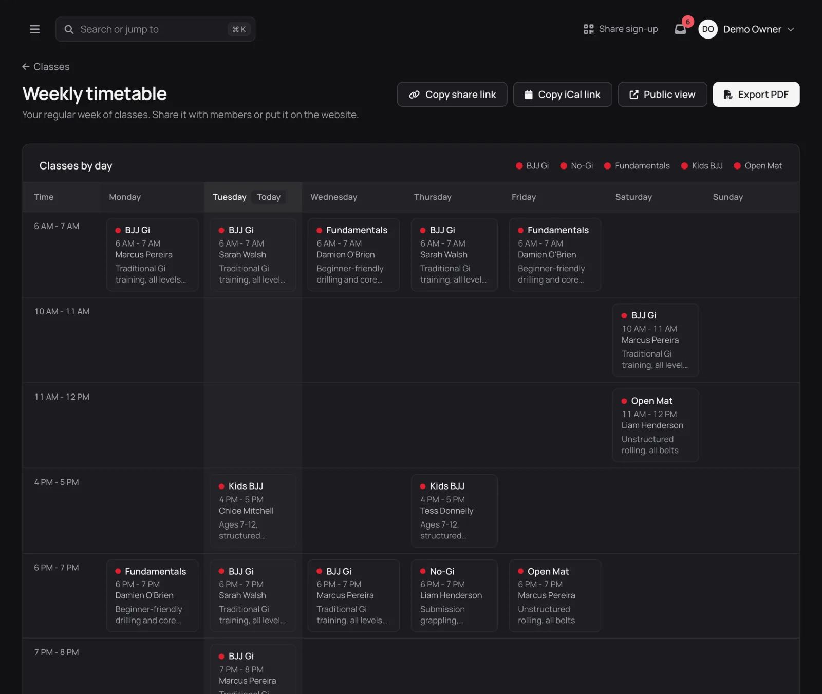 Class booking (optional) in Combat Control, shown for a demo academy.