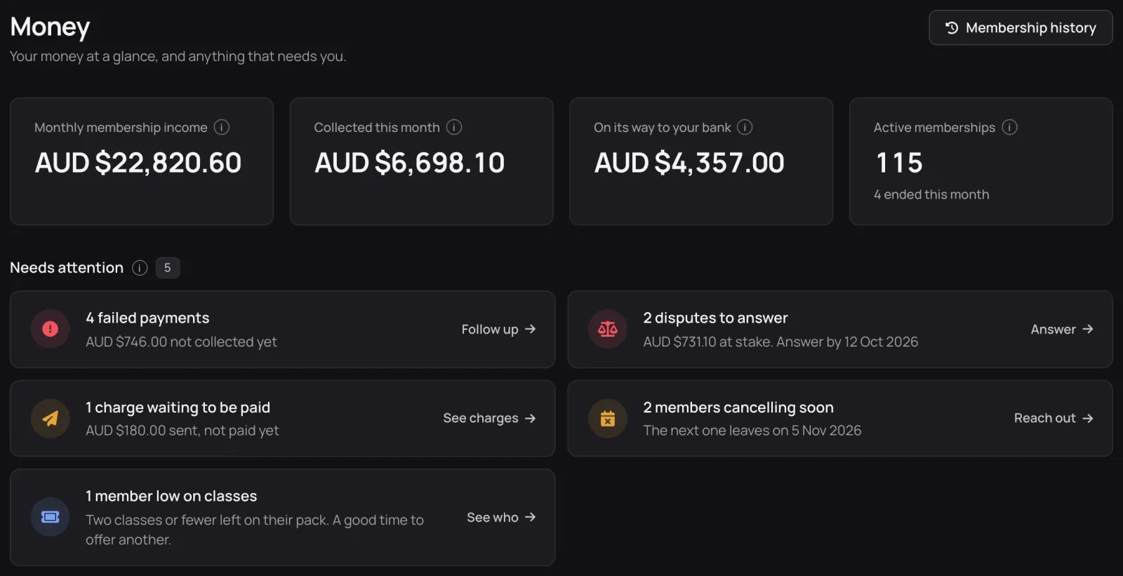 Money overview for a demo BJJ gym: monthly membership income, collected this month, money on its way to the bank and active memberships, with cards for failed payments, disputes to answer, an unpaid charge, members cancelling soon and a member low on classes.
